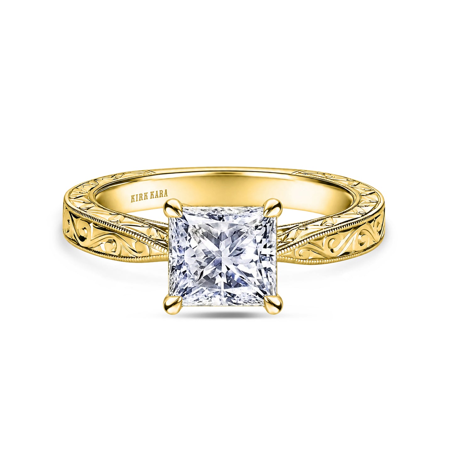 Hand Engraved Vintage Baguette Cathedral Engagement Ring