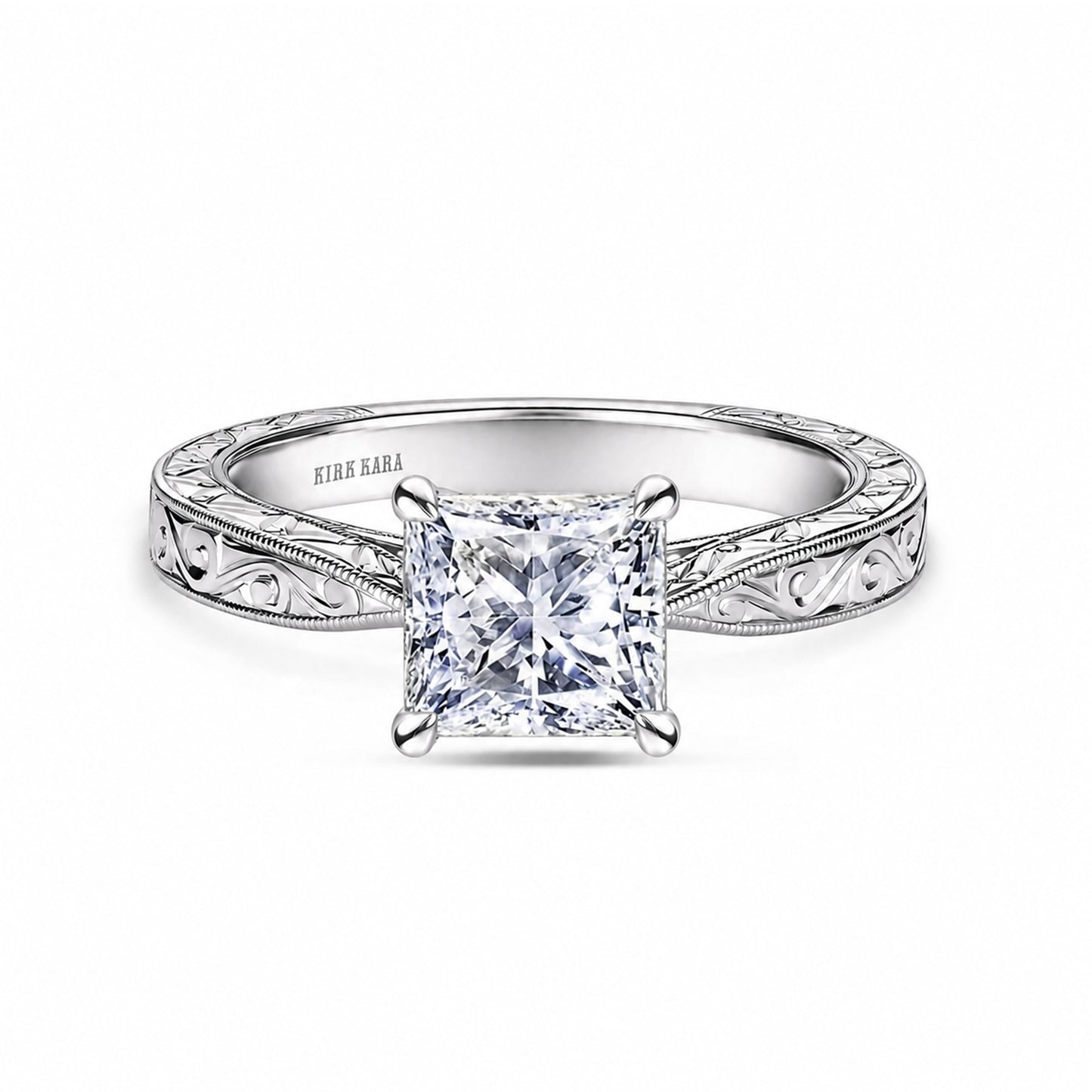 Hand Engraved Vintage Baguette Cathedral Engagement Ring