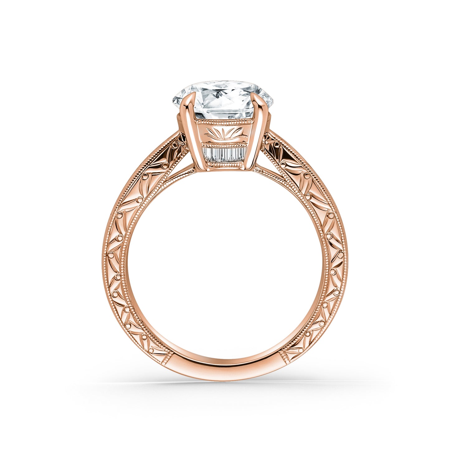 Hand Engraved Vintage Baguette Cathedral Engagement Ring