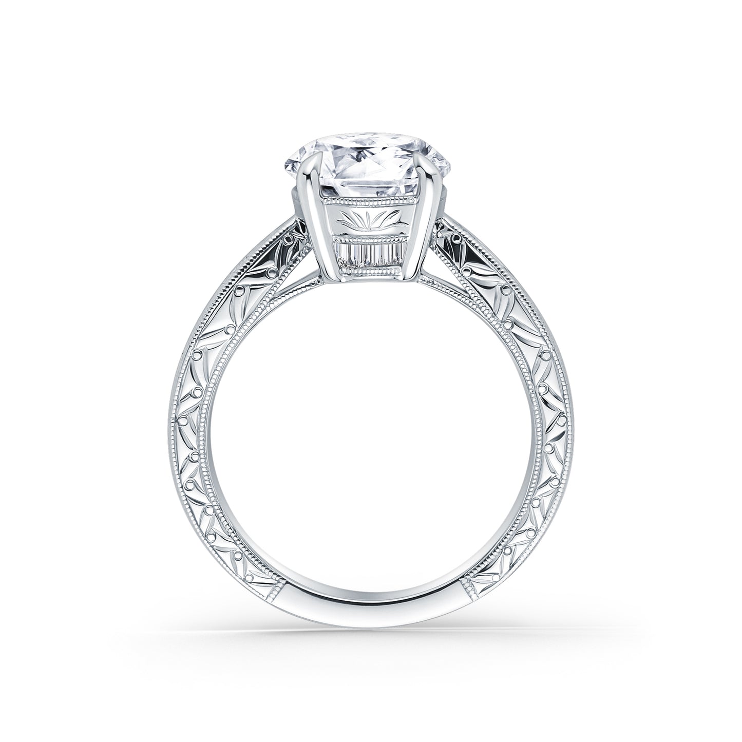 Hand Engraved Vintage Baguette Cathedral Engagement Ring