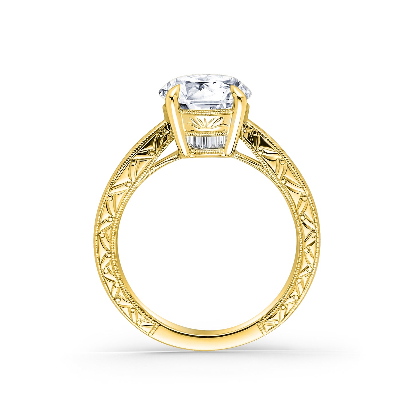 Hand Engraved Vintage Baguette Cathedral Engagement Ring