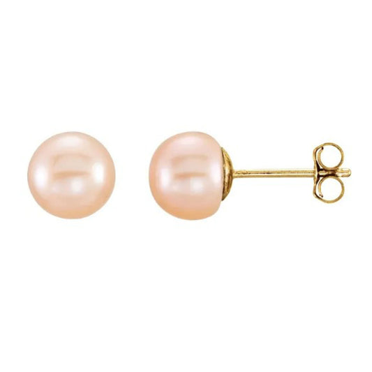 14K Yellow Gold 6-7mm Cultured Pink Freshwater Button Pearl Earrings