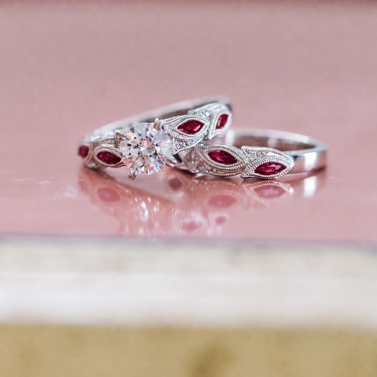 Botanical Floral Ruby Marquise Diamond Engagement Ring