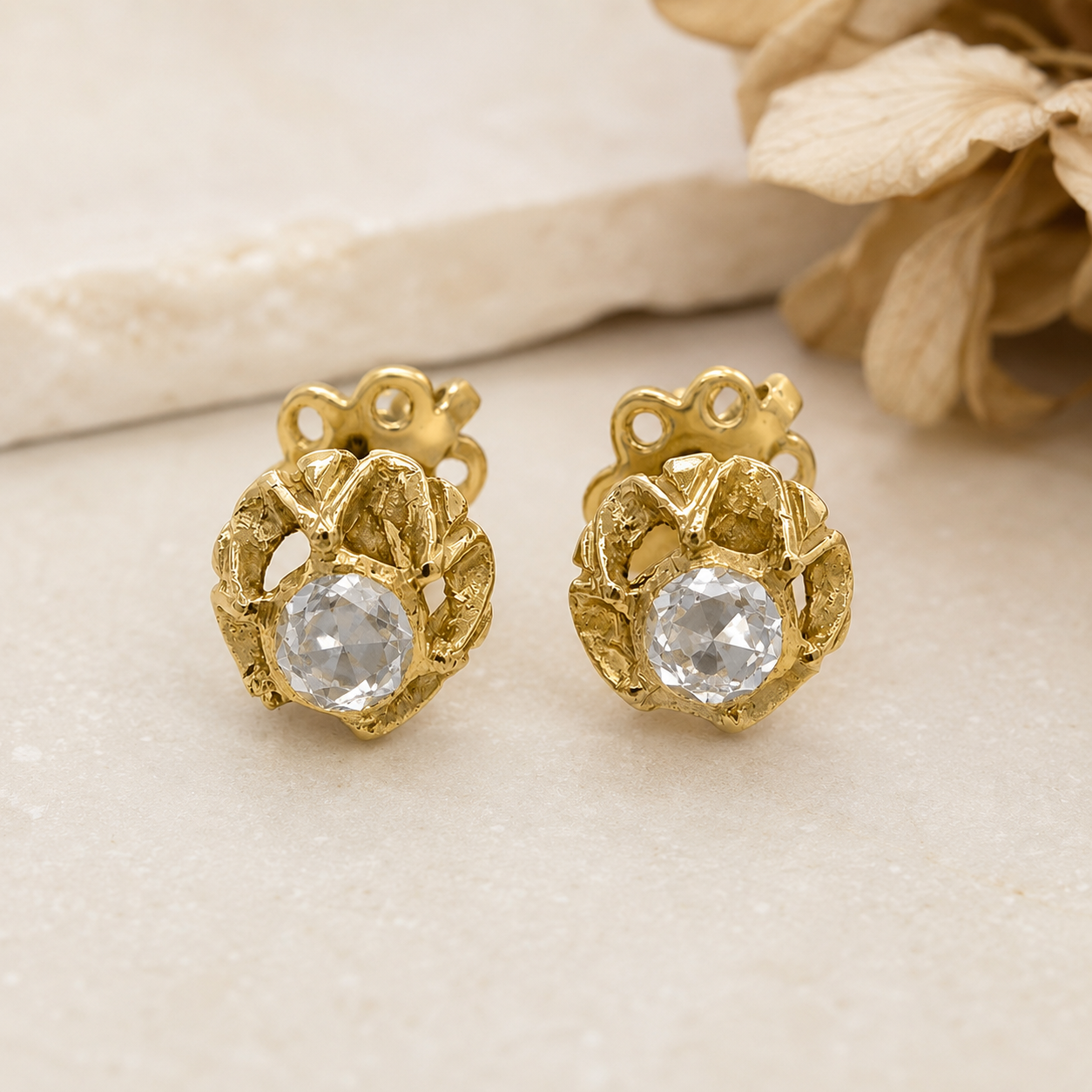 18K Yellow Gold Rose Cut Diamond Earring Studs