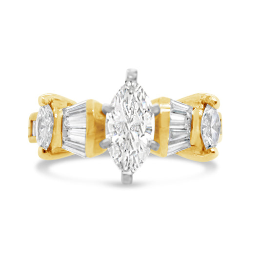 14K Yellow Retro Marquise Diamond Engagement Ring