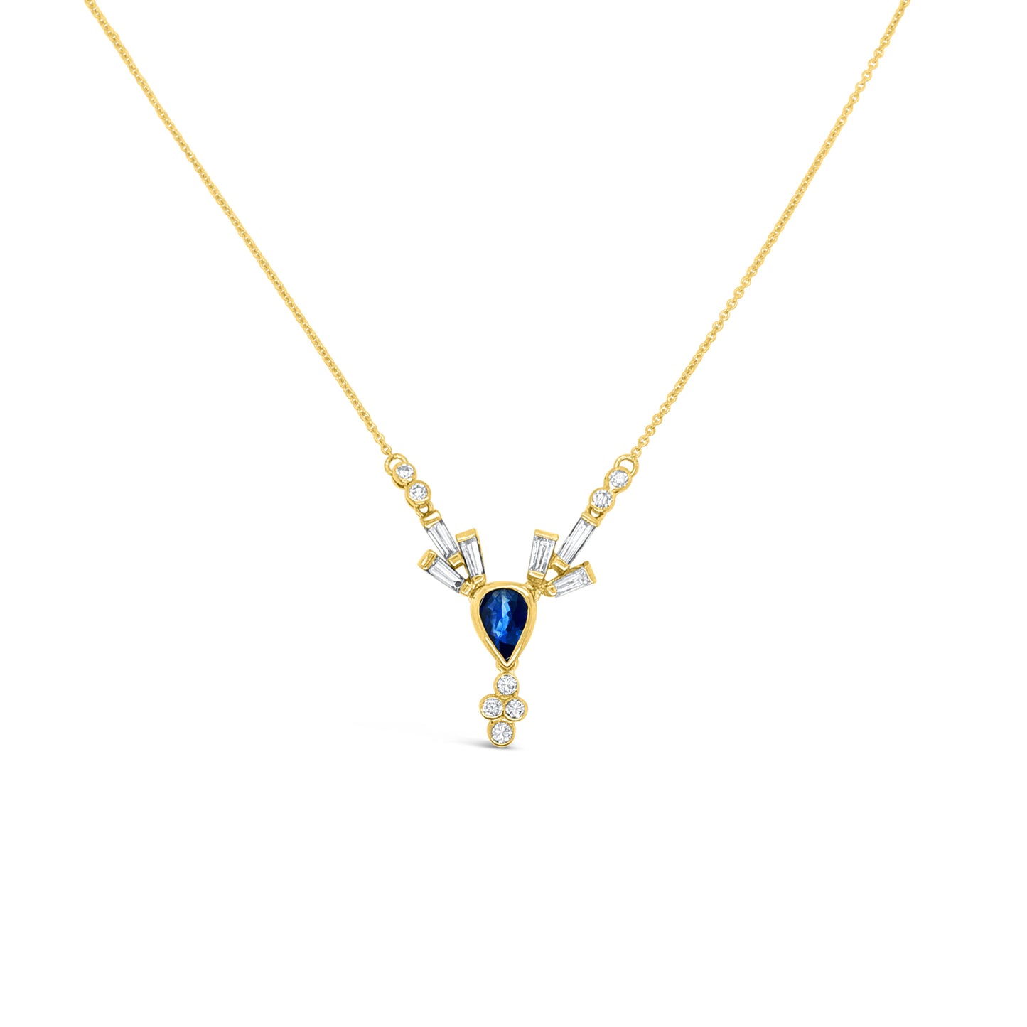 14K Yellow Gold Blue Sapphire Baguette Diamond Necklace