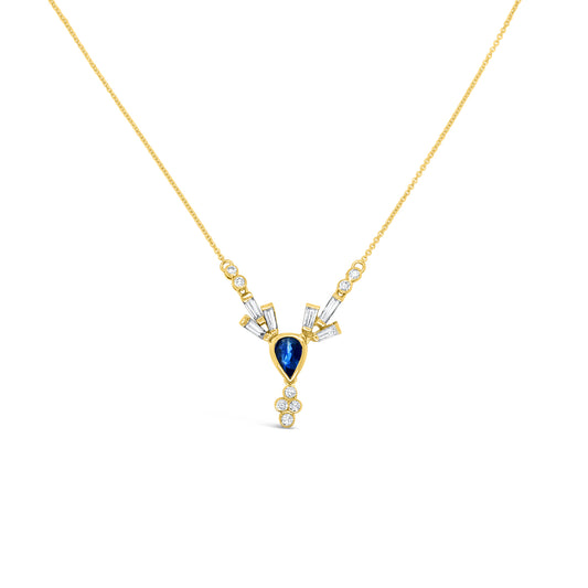 14K Yellow Gold Blue Sapphire Baguette Diamond Necklace