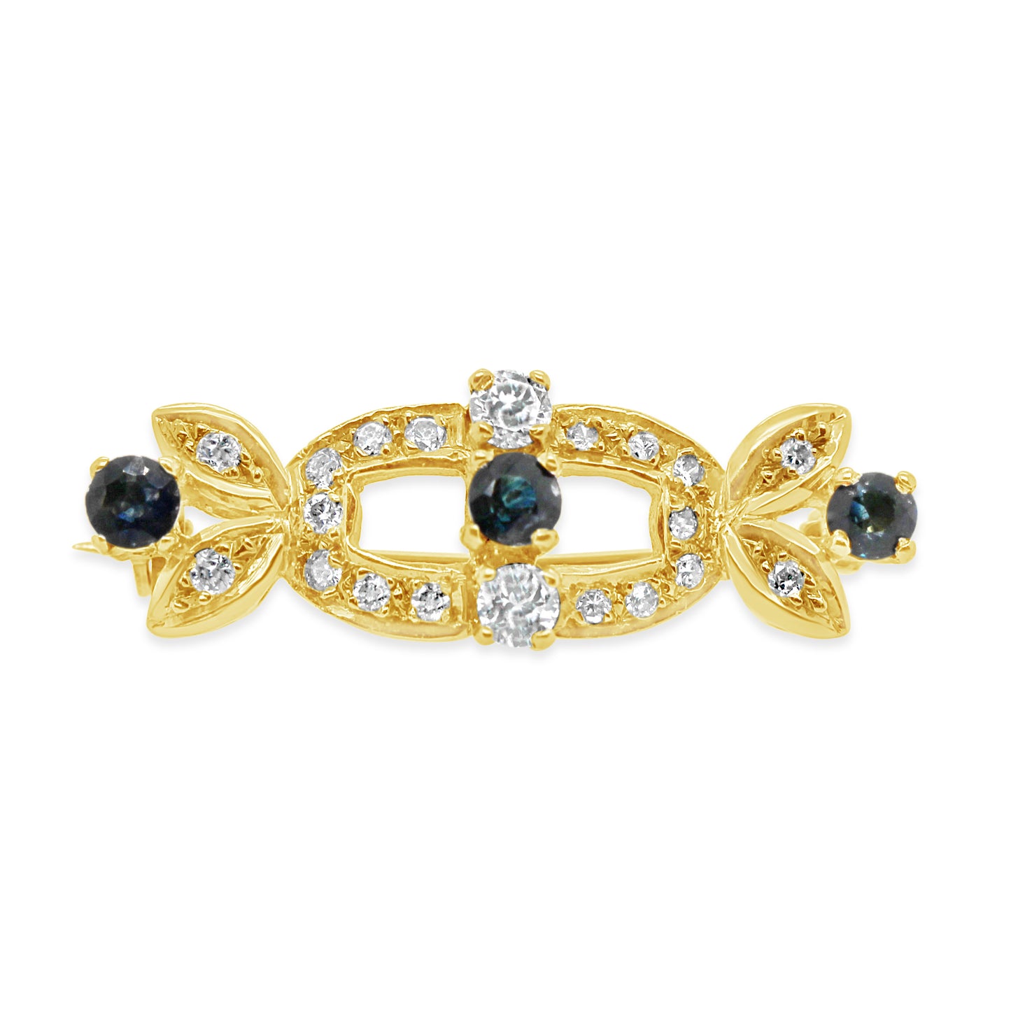 18K Yellow Gold Diamond and Sapphire Vintage Brooch
