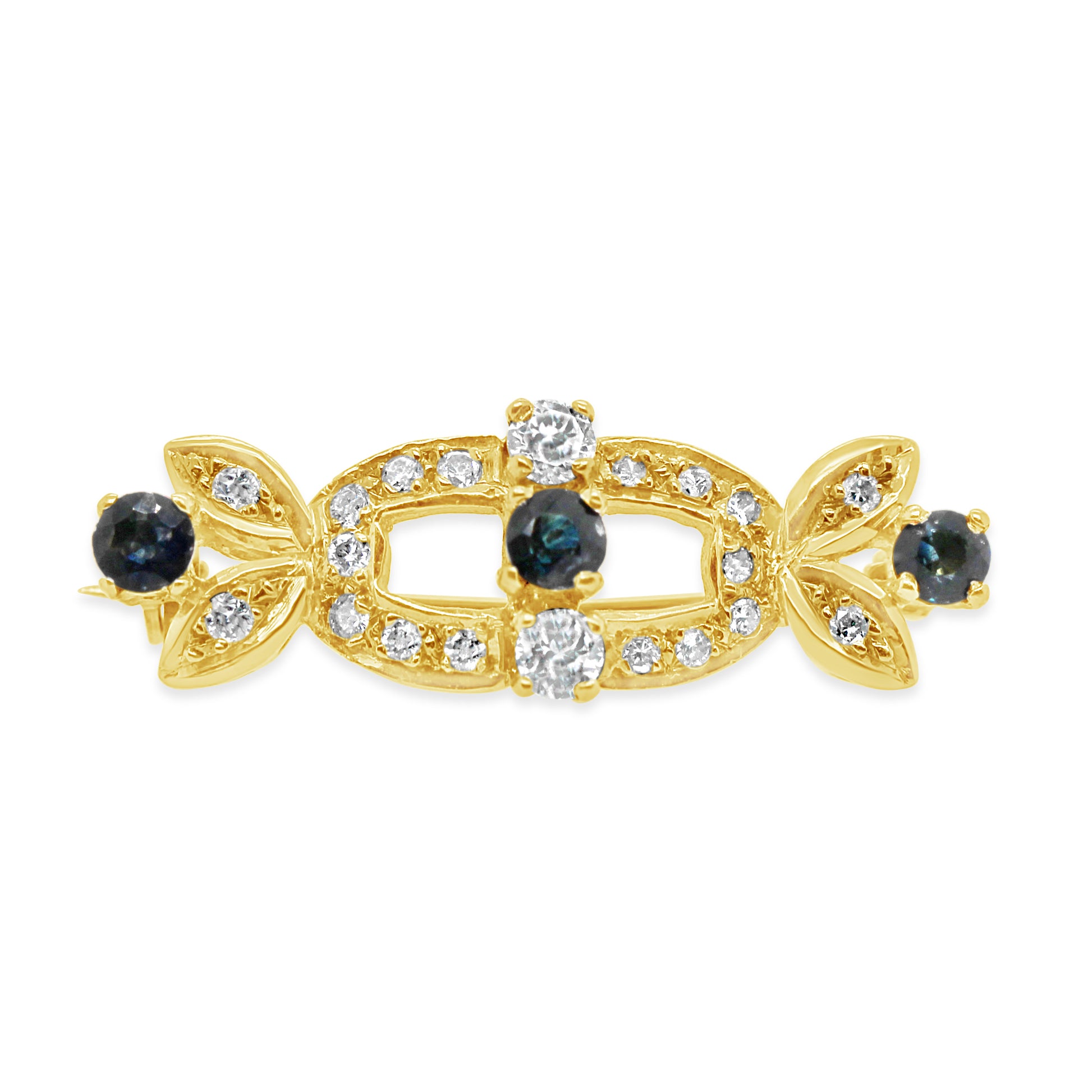 Estate 18K Yellow Gold Sapphire Leaf Pin