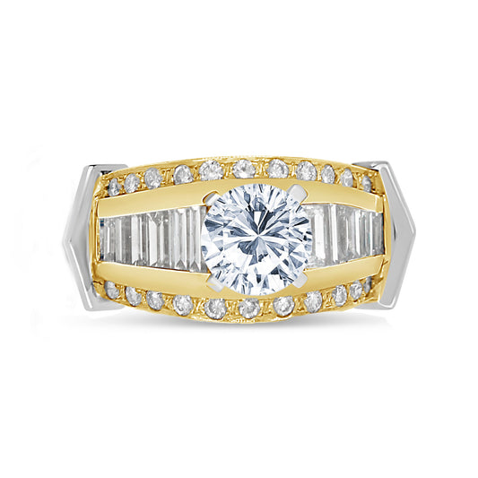 14k Two Tone Gold Baguette Diamond Wide Engagement Ring