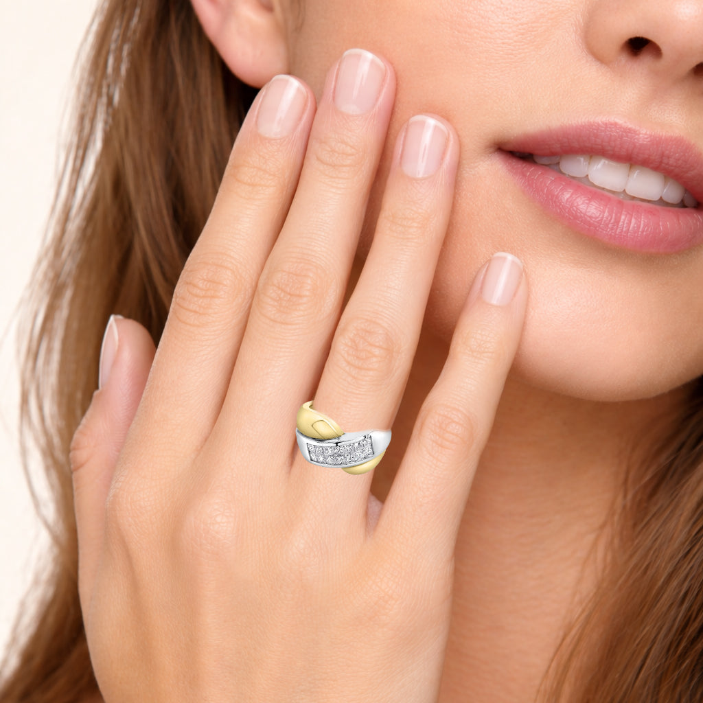 18K Two Tone Gold Invisible Set Cross Band