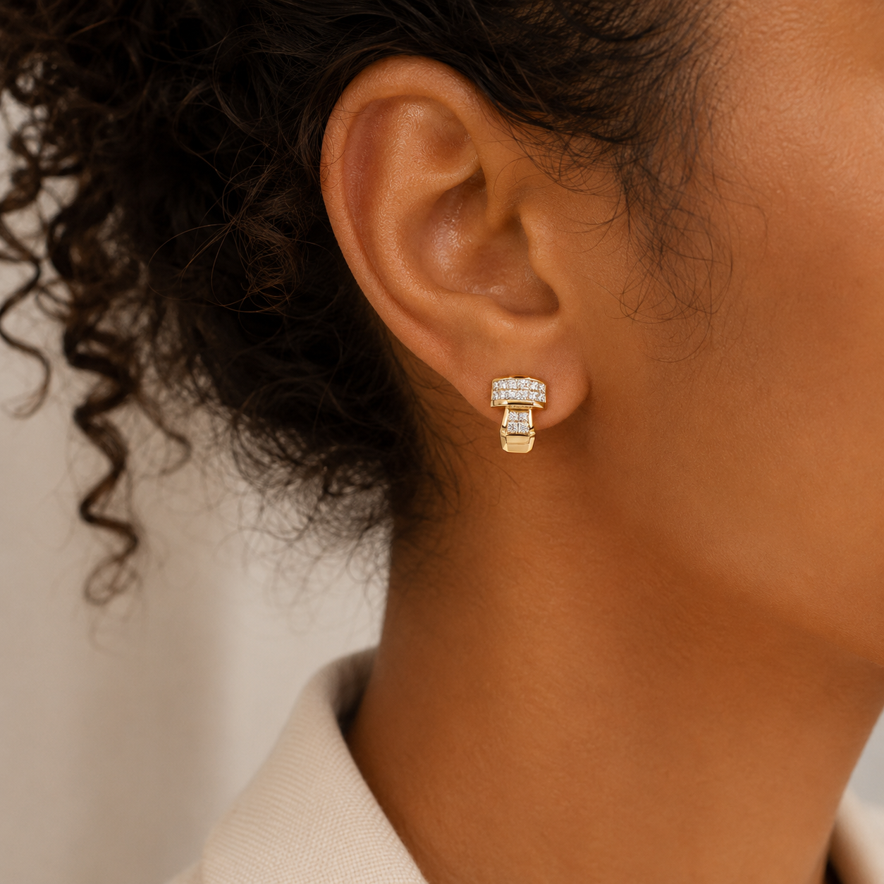 18K Invisible Set Princess Diamond Earrings Retro