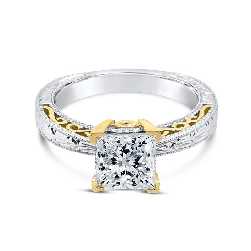 14k White & Yellow Gold Engraved Princess Solitaire Engagement Ring