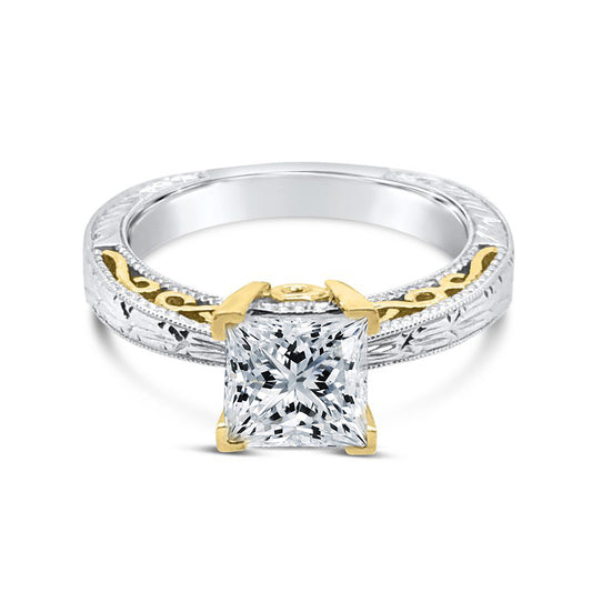 14k White & Yellow Gold Engraved Princess Solitaire Engagement Ring