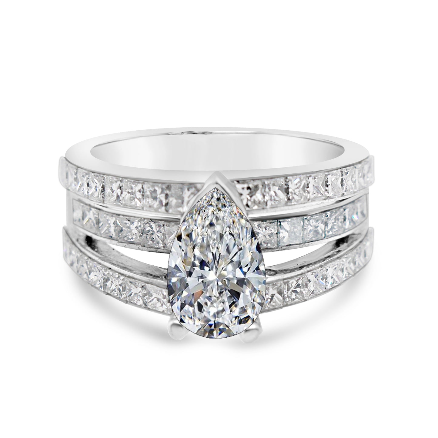 Platinum Three Row Diamond Pear Engagement Ring