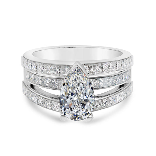 Platinum Three Row Diamond Pear Engagement Ring