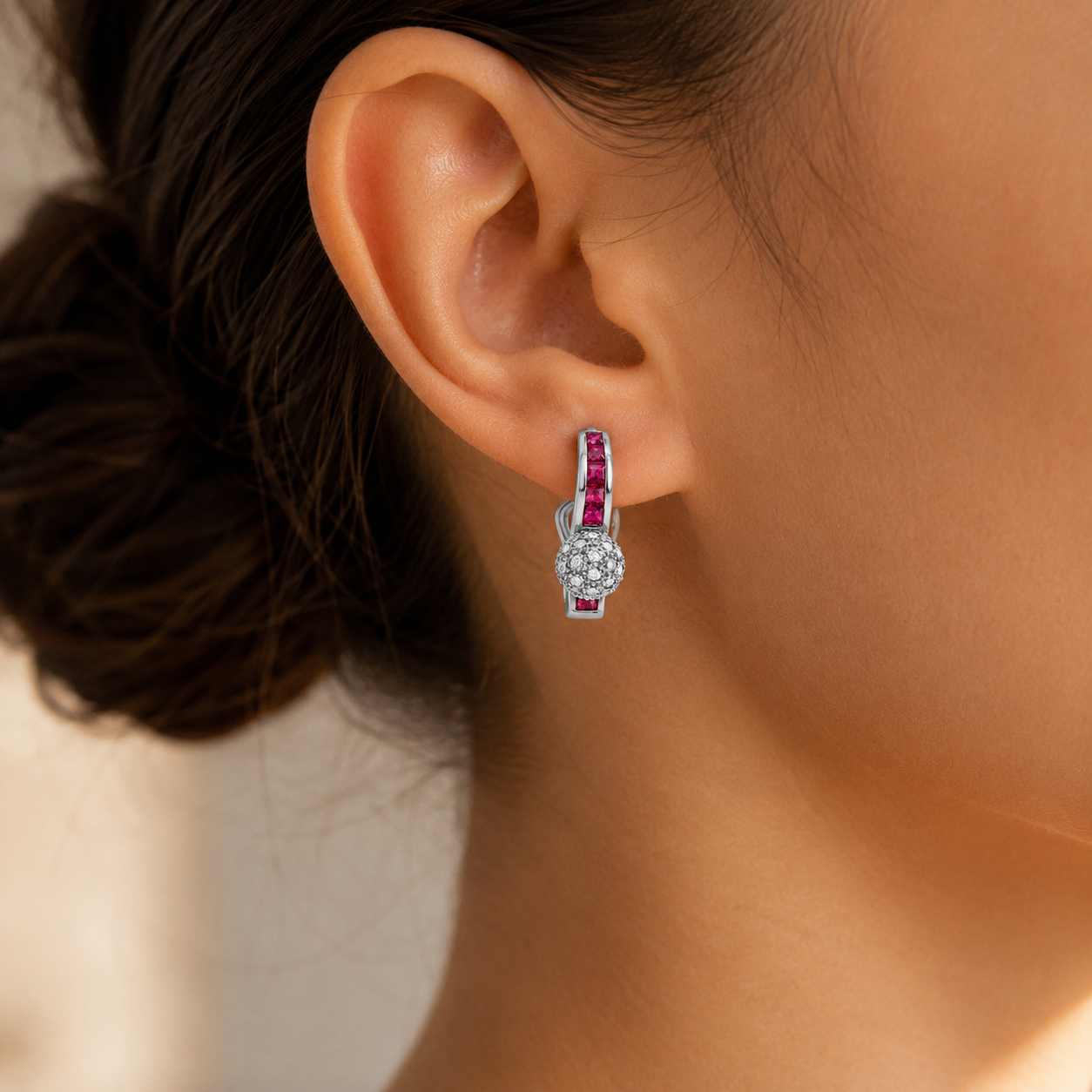 18K White Gold Diamond and Ruby Drop Earrings