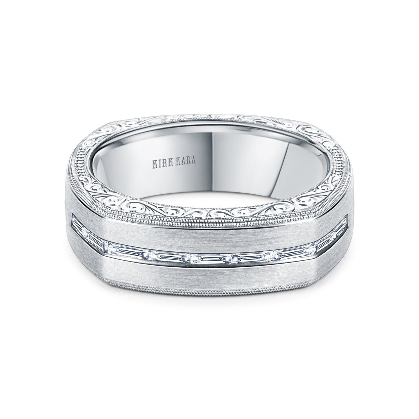 Square Baguette Diamond Engraved Wedding Band, 7mm