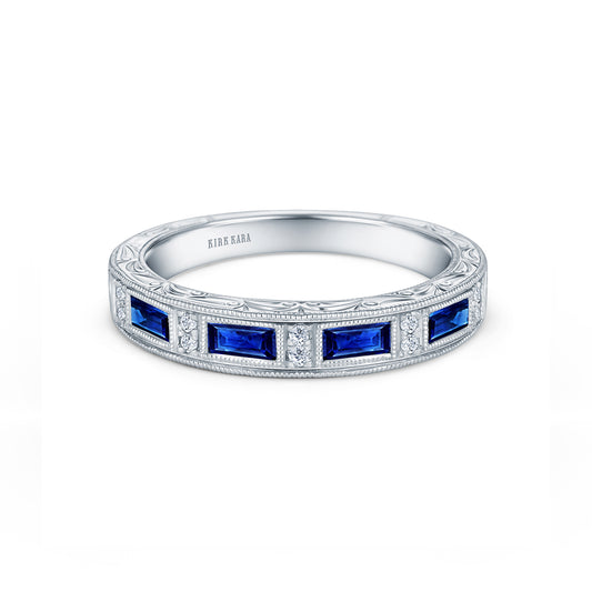 Blue Sapphire Baguette Engraved Diamond Wedding Band