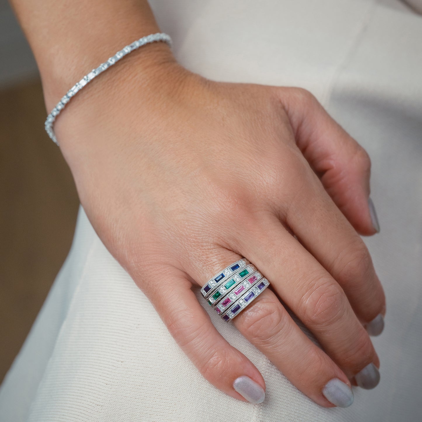 Blue Sapphire Baguette Engraved Diamond Wedding Band