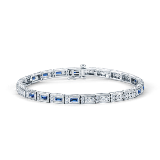 Blue Sapphire Baguette Engraved Diamond Bracelet