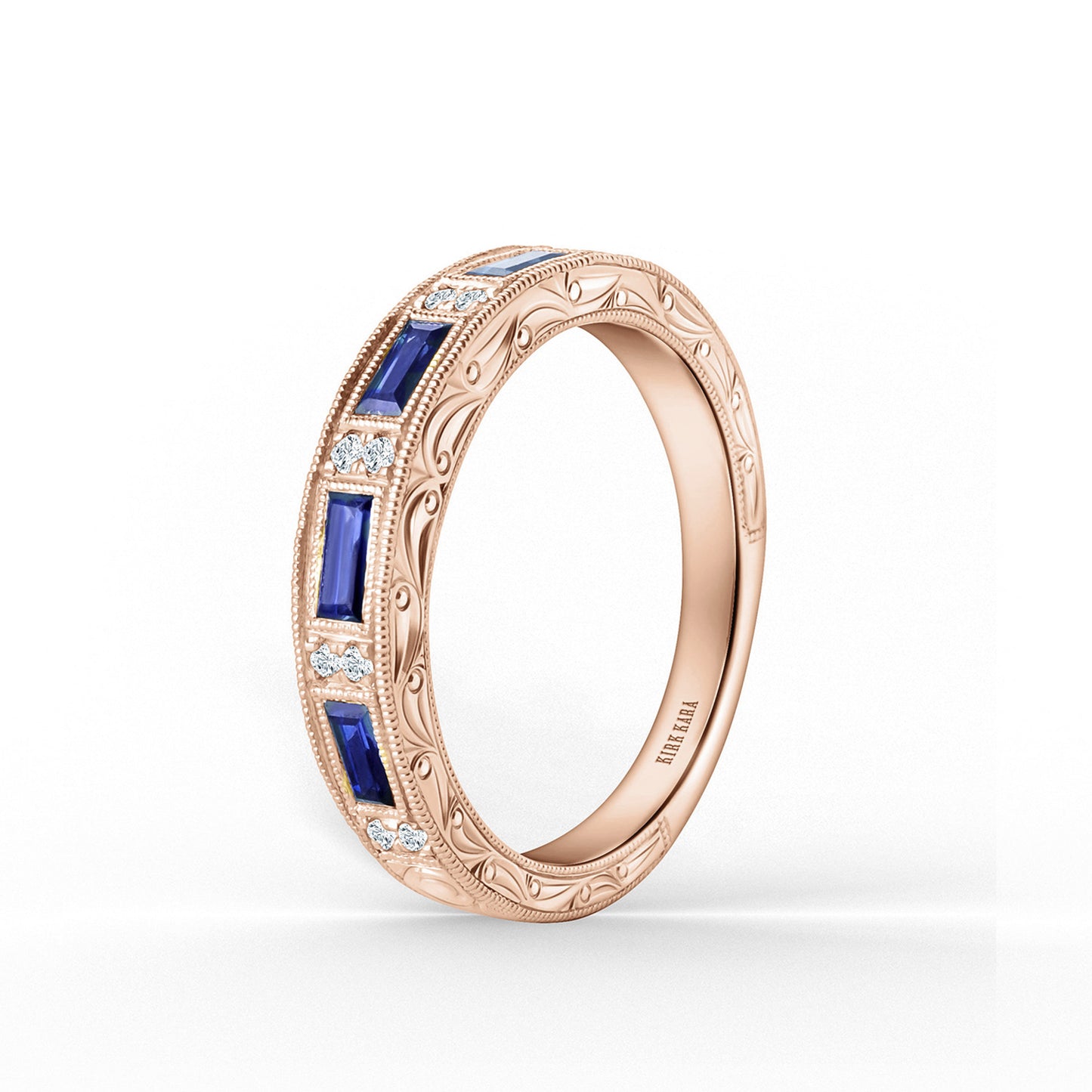 Blue Sapphire Baguette Engraved Diamond Wedding Band