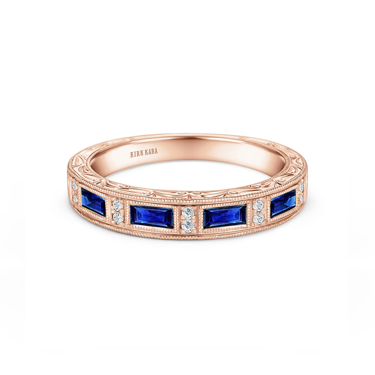 Blue Sapphire Baguette Engraved Diamond Wedding Band