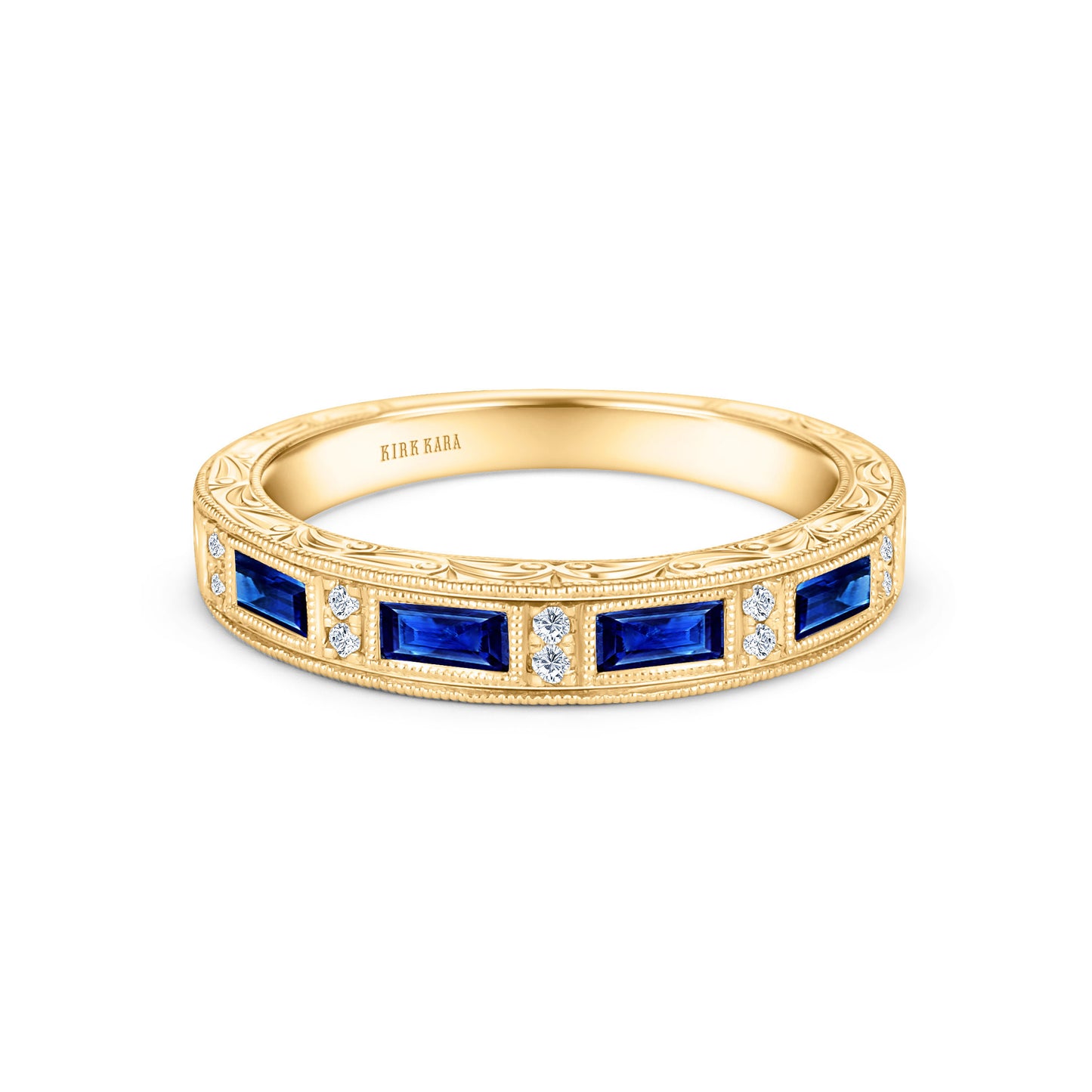 Blue Sapphire Baguette Engraved Diamond Wedding Band