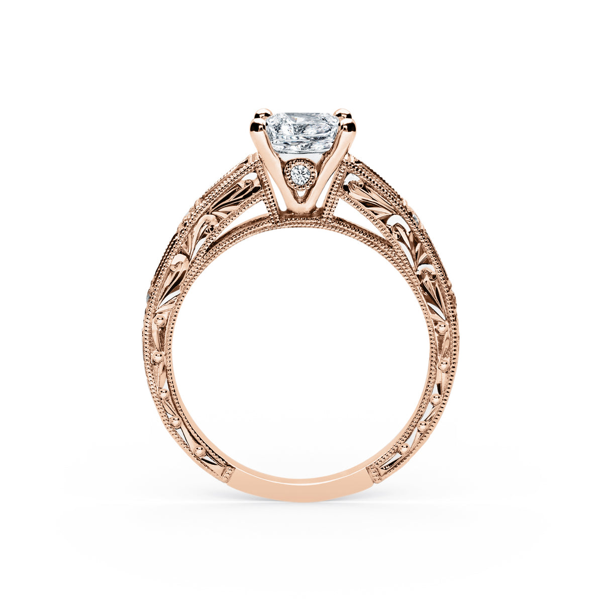Blue Sapphire Baguette Engraved Cathedral Diamond Engagement Ring