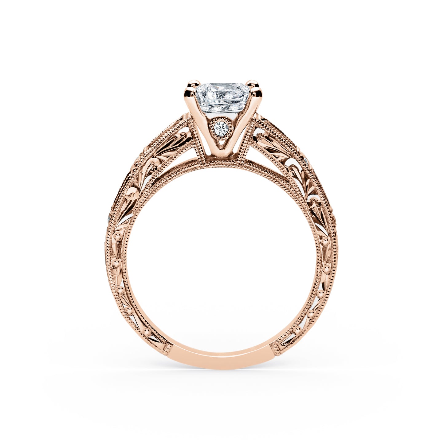 Pink Sapphire Baguette Engraved Cathedral Diamond Engagement Ring