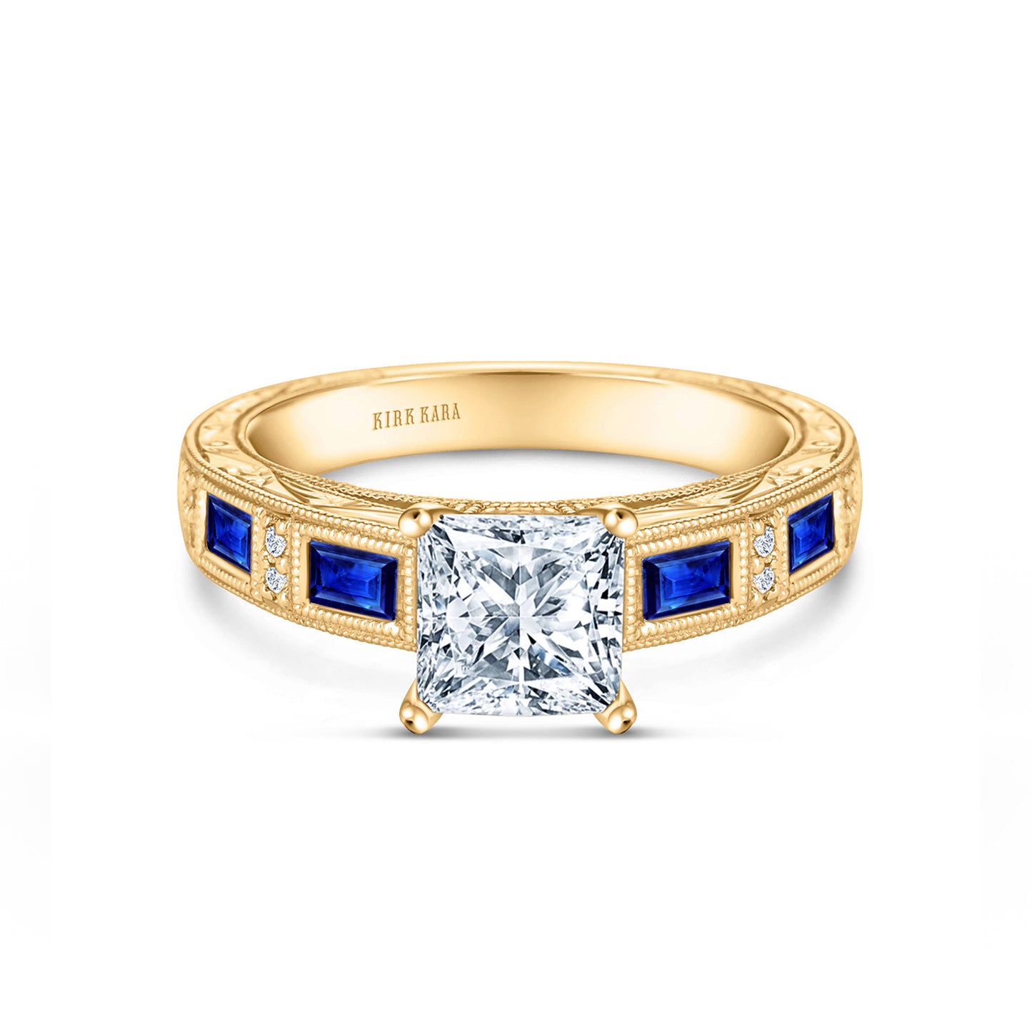 Blue Sapphire Baguette Engraved Cathedral Diamond Engagement Ring