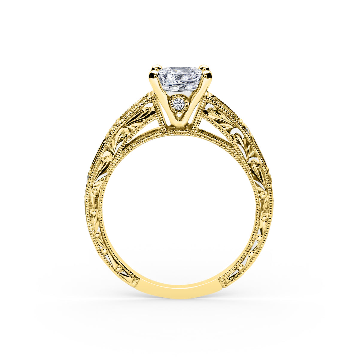 Pink Sapphire Baguette Engraved Cathedral Diamond Engagement Ring