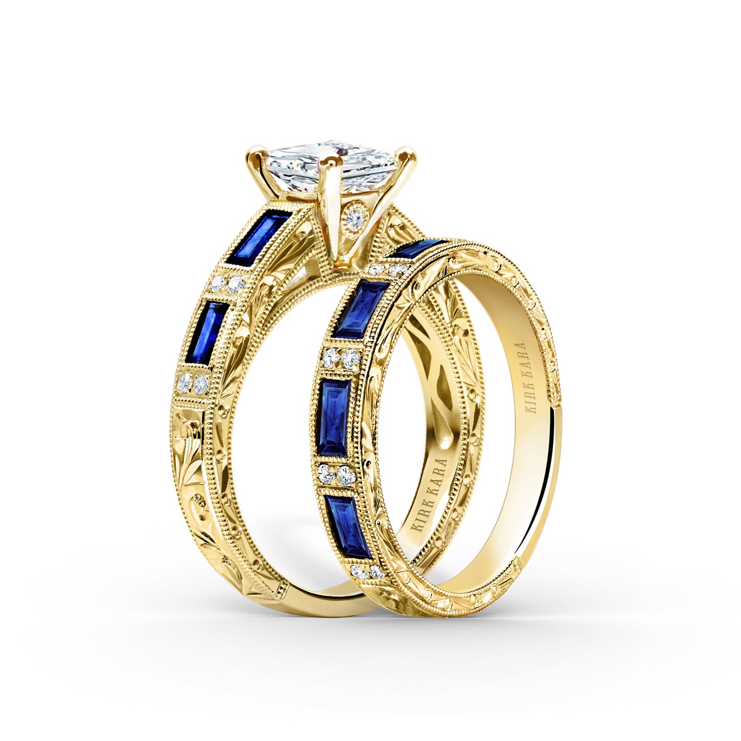 Blue Sapphire Baguette Engraved Cathedral Diamond Engagement Ring