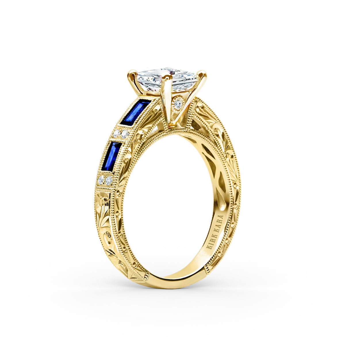 Blue Sapphire Baguette Engraved Cathedral Diamond Engagement Ring