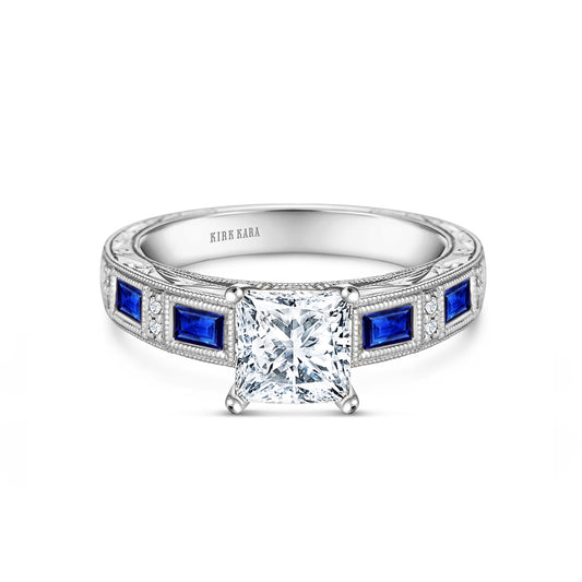 Blue Sapphire Baguette Engraved Cathedral Diamond Engagement Ring