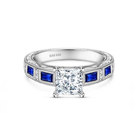 Blue Sapphire Baguette Engraved Cathedral Diamond Engagement Ring