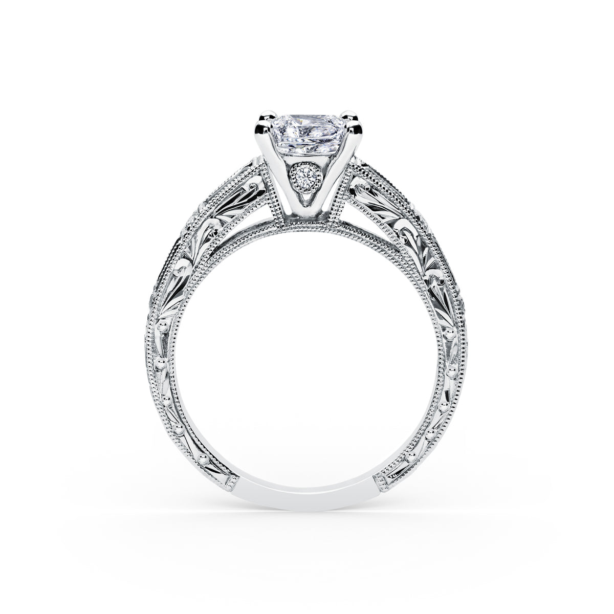 Blue Sapphire Baguette Engraved Cathedral Diamond Engagement Ring