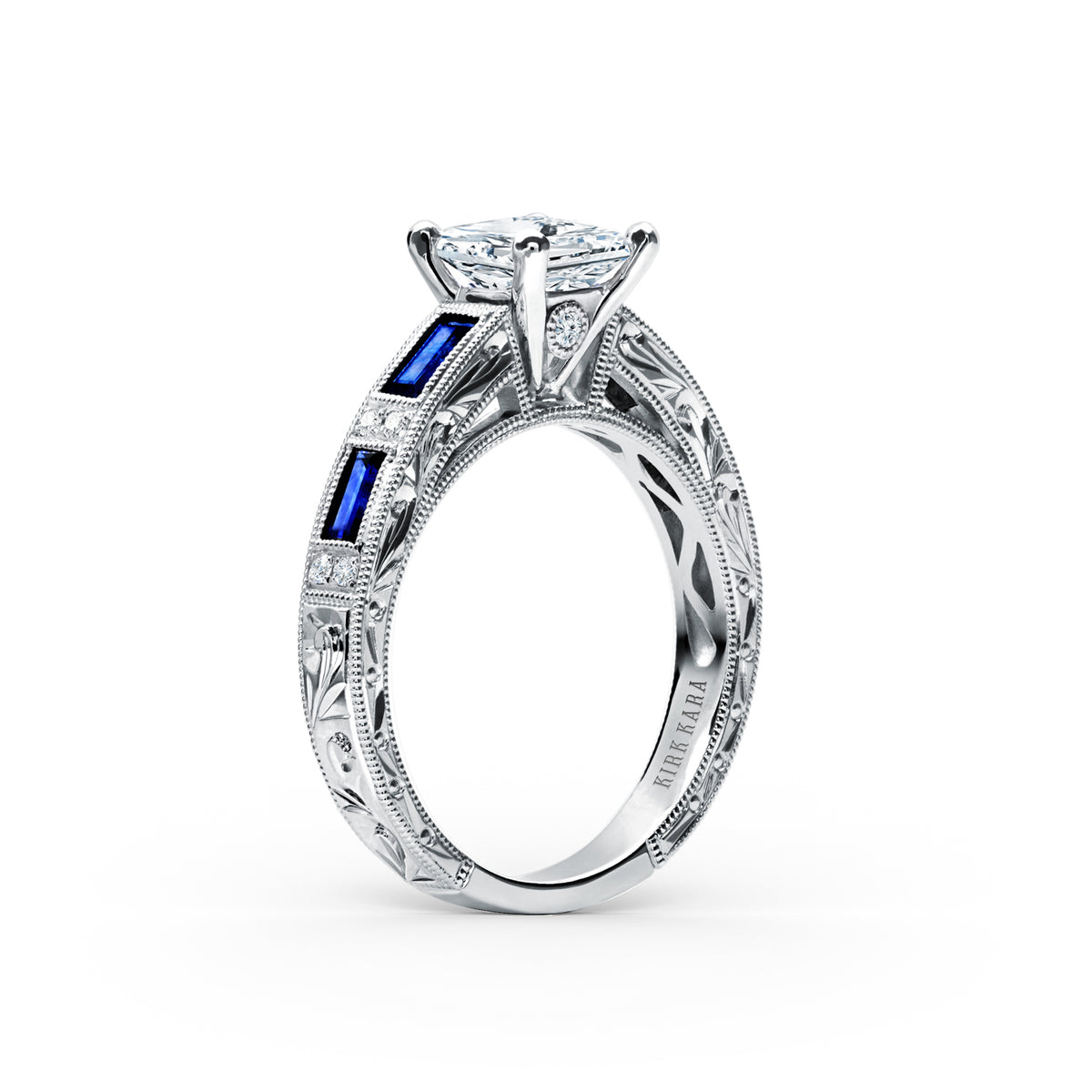 Blue Sapphire Baguette Engraved Cathedral Diamond Engagement Ring
