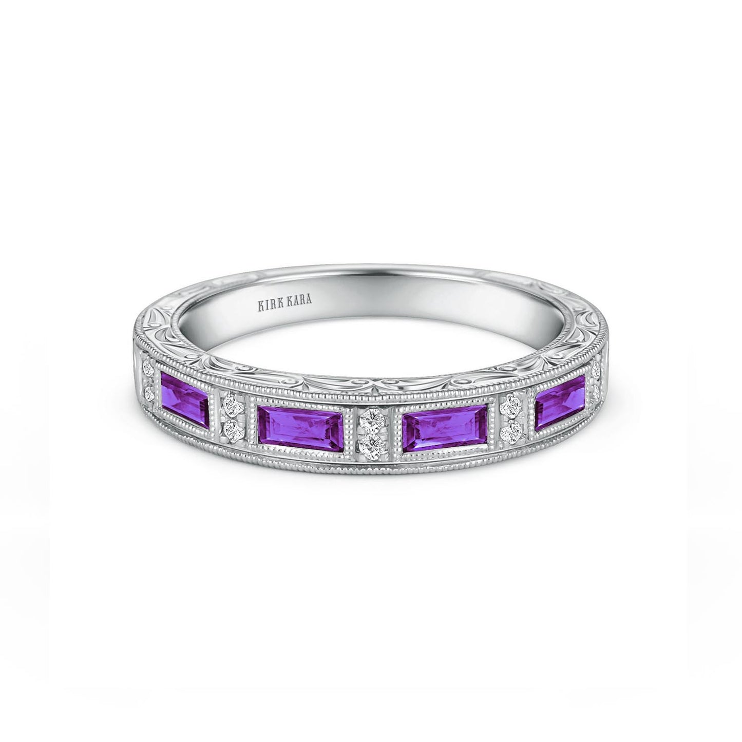 Amethyst Baguette Engraved Diamond Wedding Band