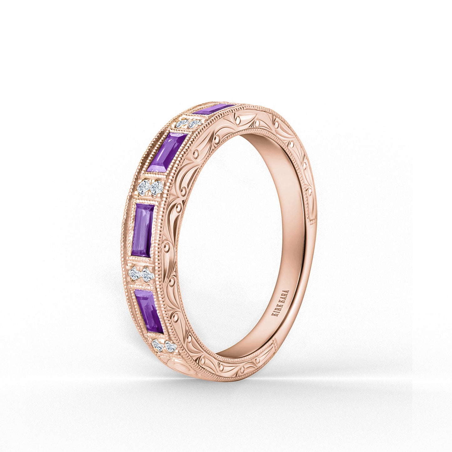 Amethyst Baguette Engraved Diamond Wedding Band