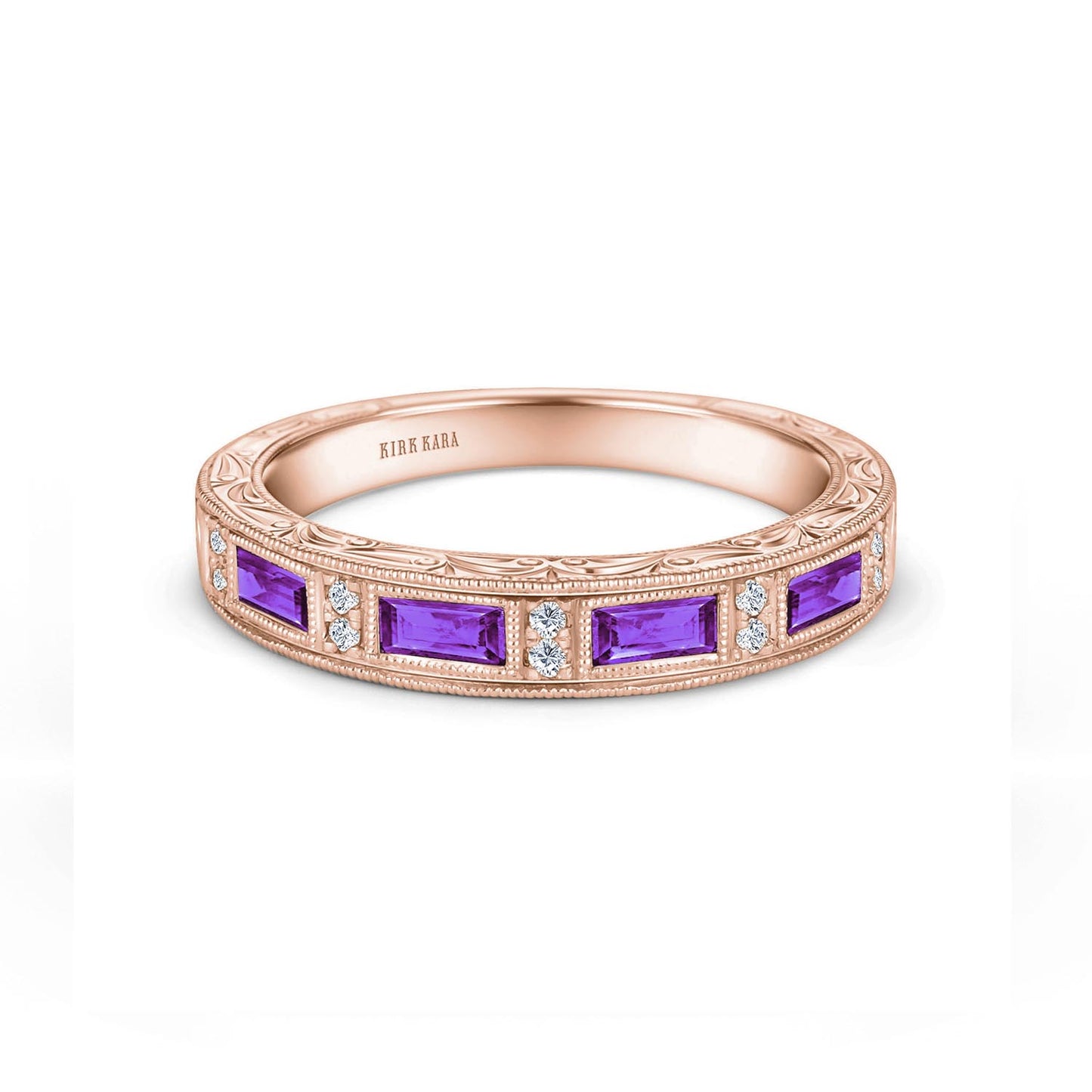 Amethyst Baguette Engraved Diamond Wedding Band