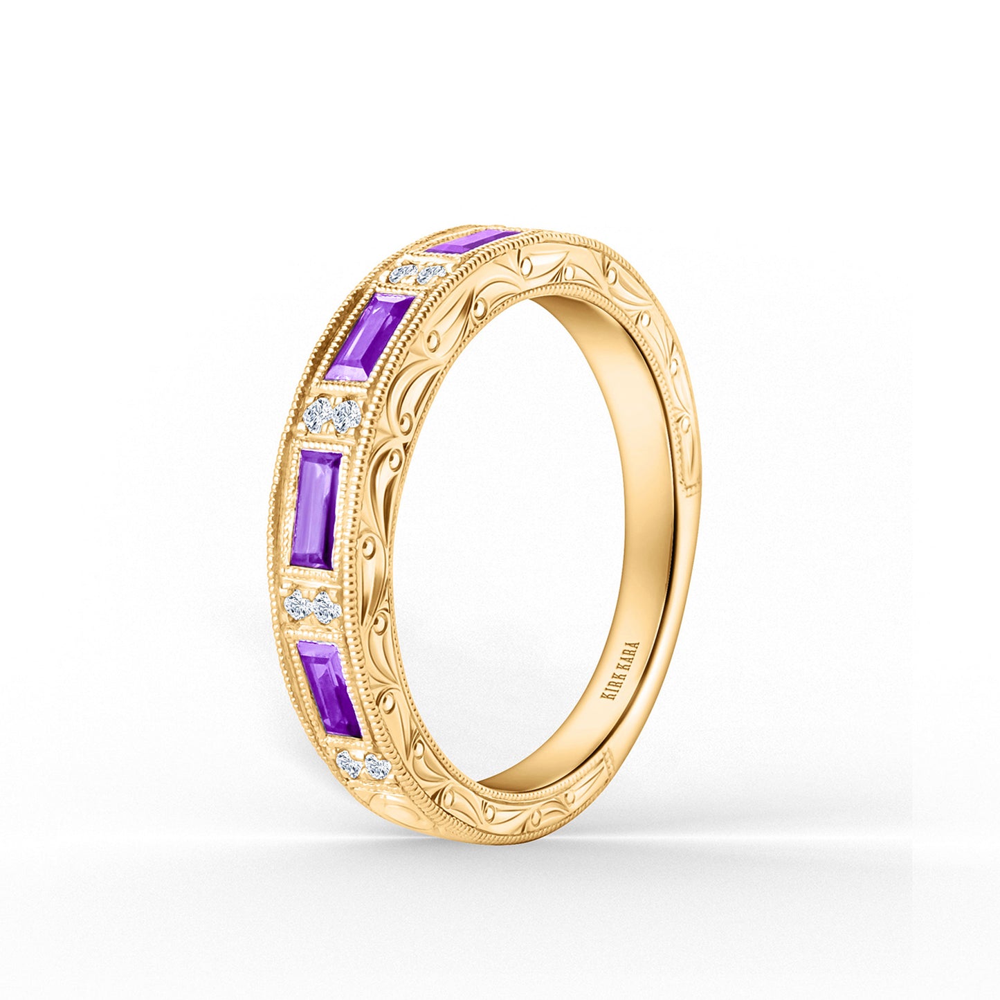 Amethyst Baguette Engraved Diamond Wedding Band