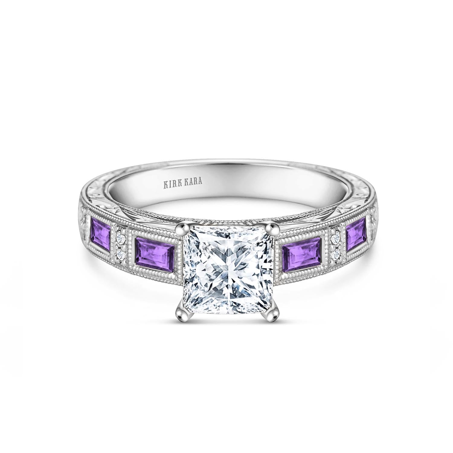 Amethyst Baguette Hand Engraved Cathedral Diamond Engagement Ring