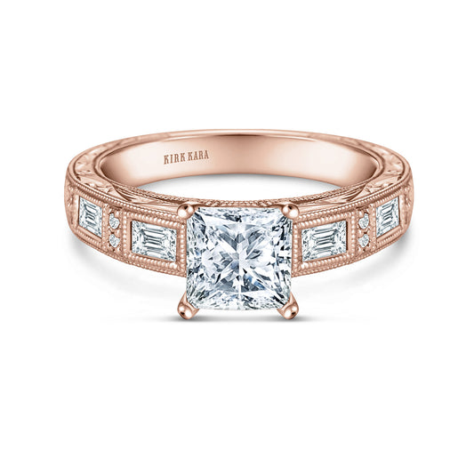 Baguette Engraved Cathedral Diamond Engagement Ring