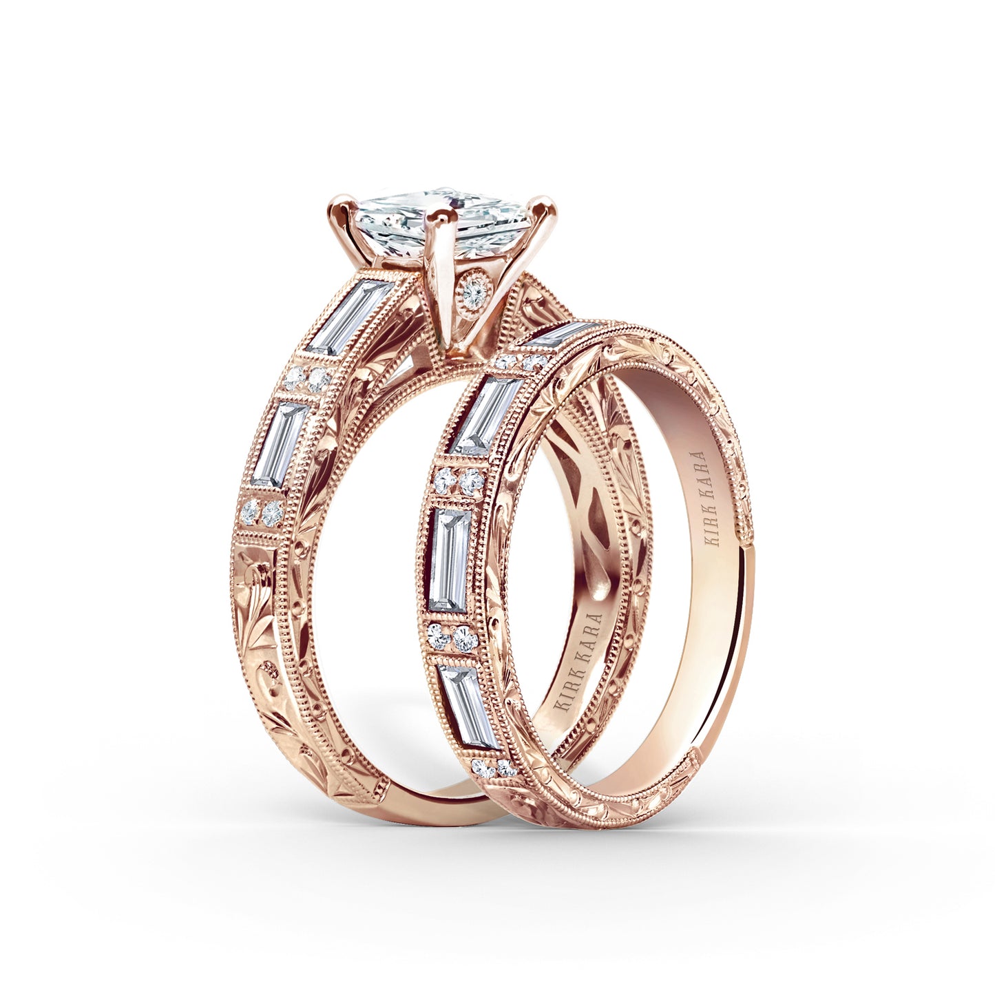 Baguette Engraved Cathedral Diamond Engagement Ring