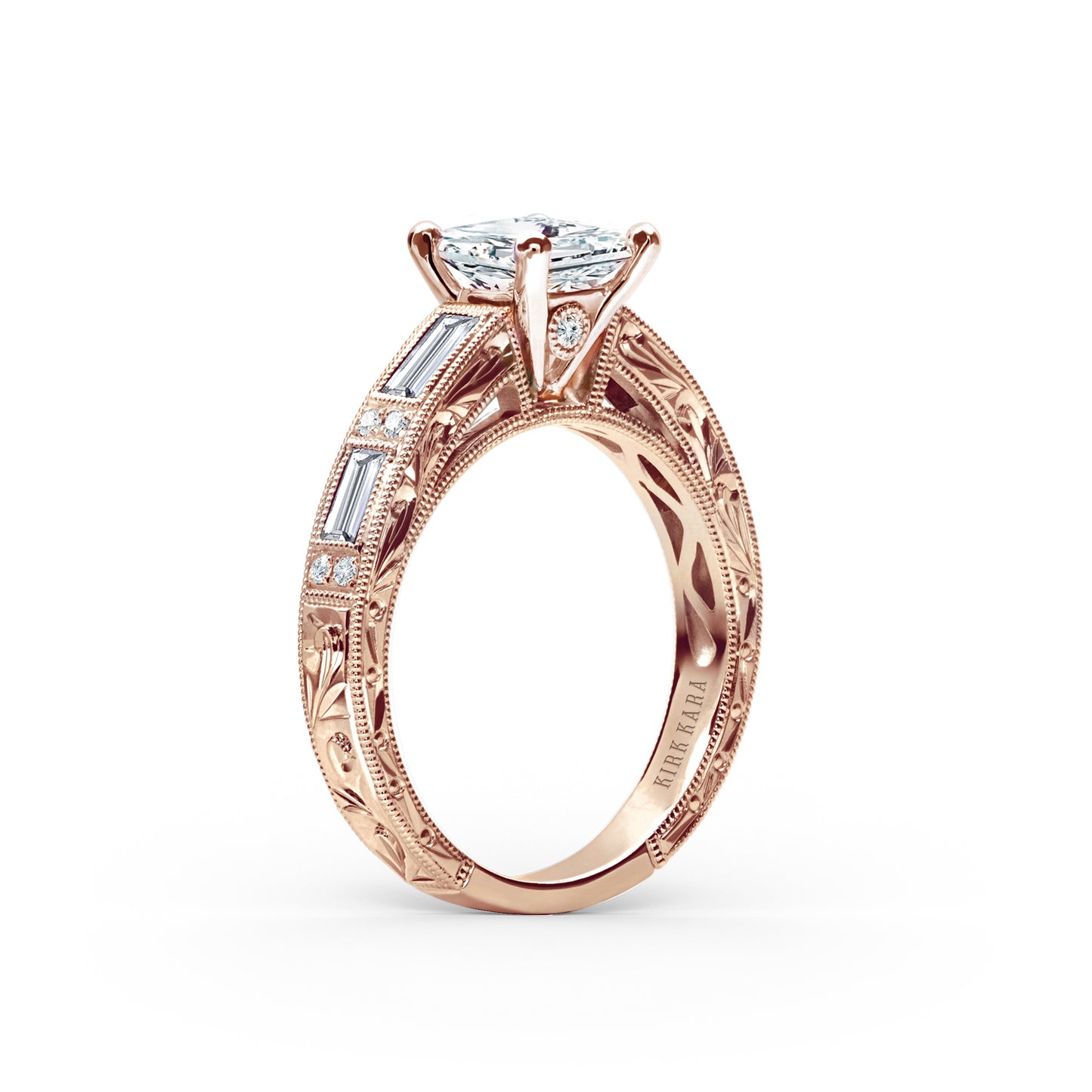 Baguette Engraved Cathedral Diamond Engagement Ring