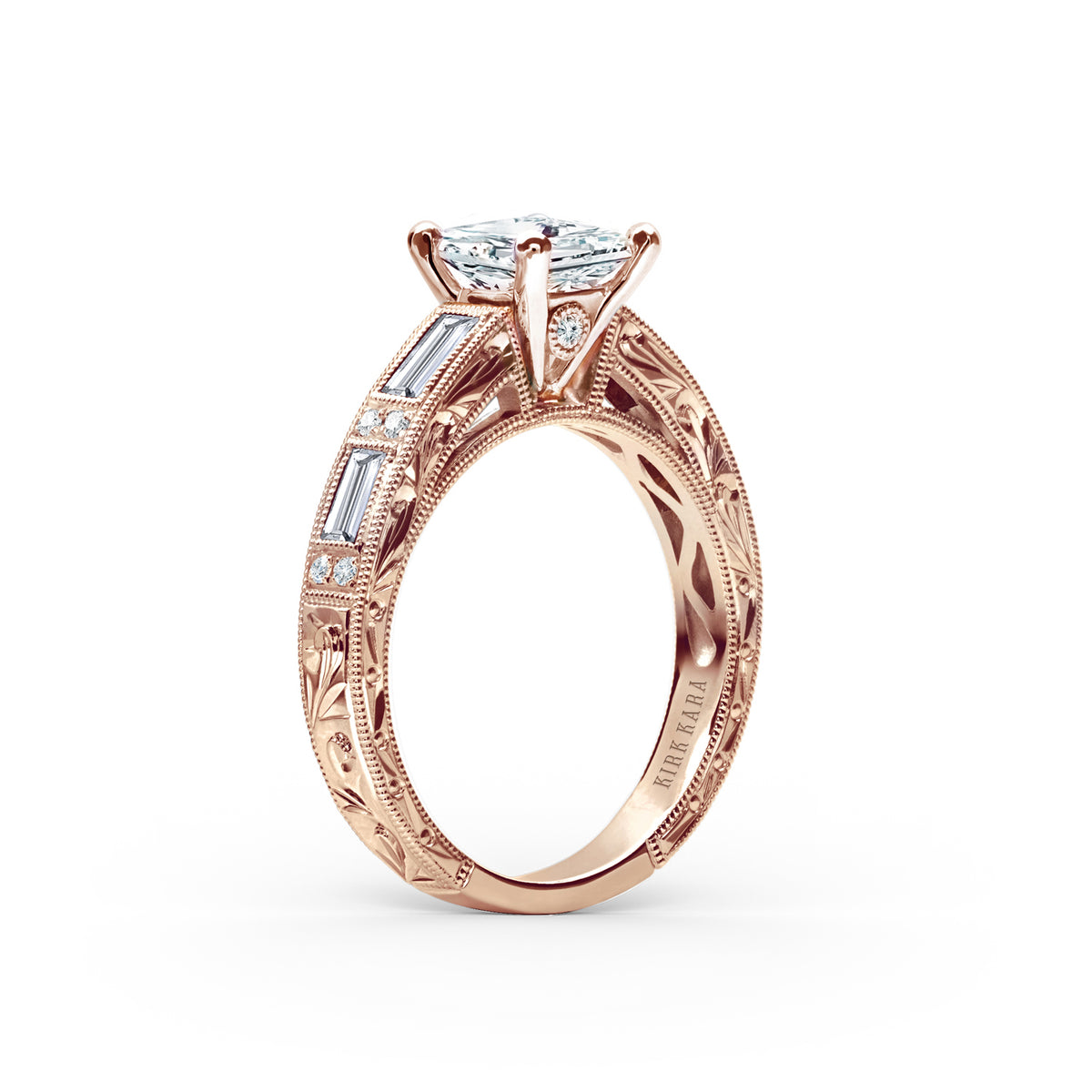 Baguette Engraved Cathedral Diamond Engagement Ring