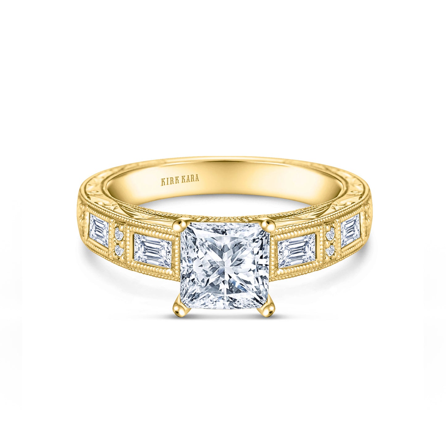 Baguette Engraved Cathedral Diamond Engagement Ring