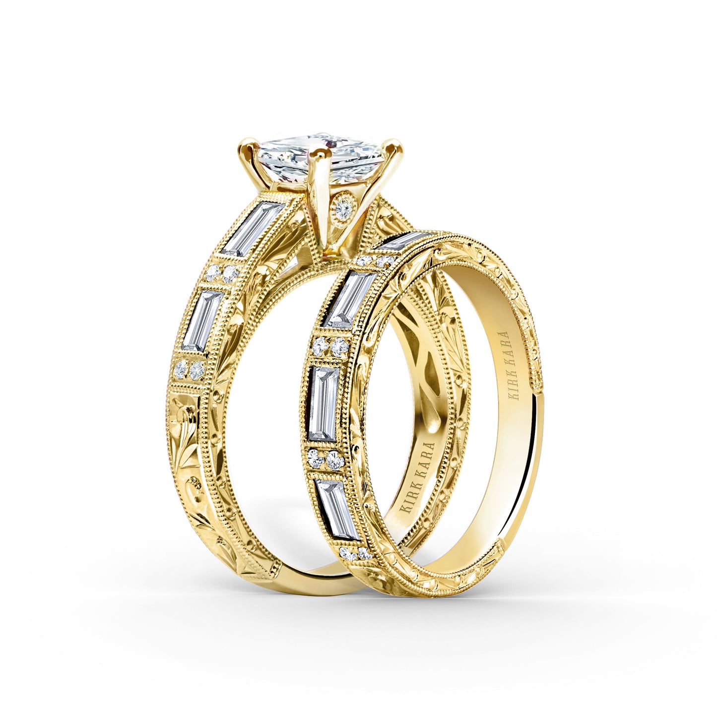 Baguette Engraved Cathedral Diamond Engagement Ring