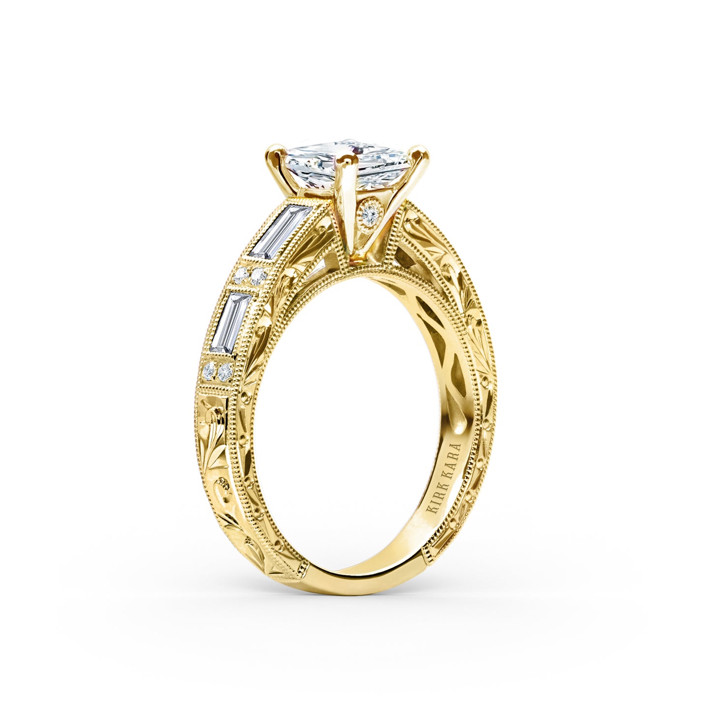 Baguette Engraved Cathedral Diamond Engagement Ring